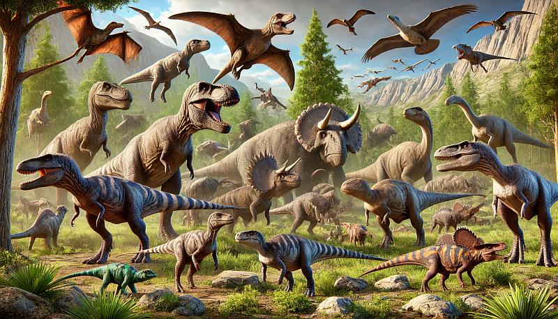 Różnorodne gatunki dinozaurów w ich naturalnym środowisku w okresie kredy, ukazujące ich różnorodne rozmiary i adaptacje