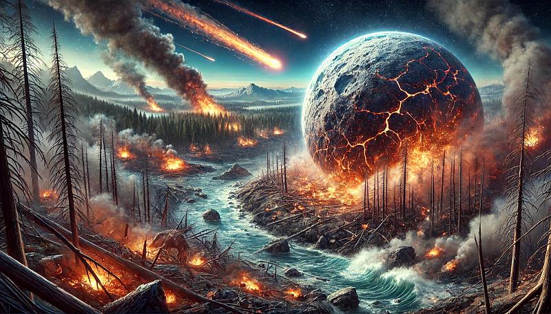 Wymieranie kredowe-paleogeńskie (K-Pg), ukazujące uderzenie asteroidy i wynikające z tego zniszczenia środowiskowe, w tym pożary i tsunami